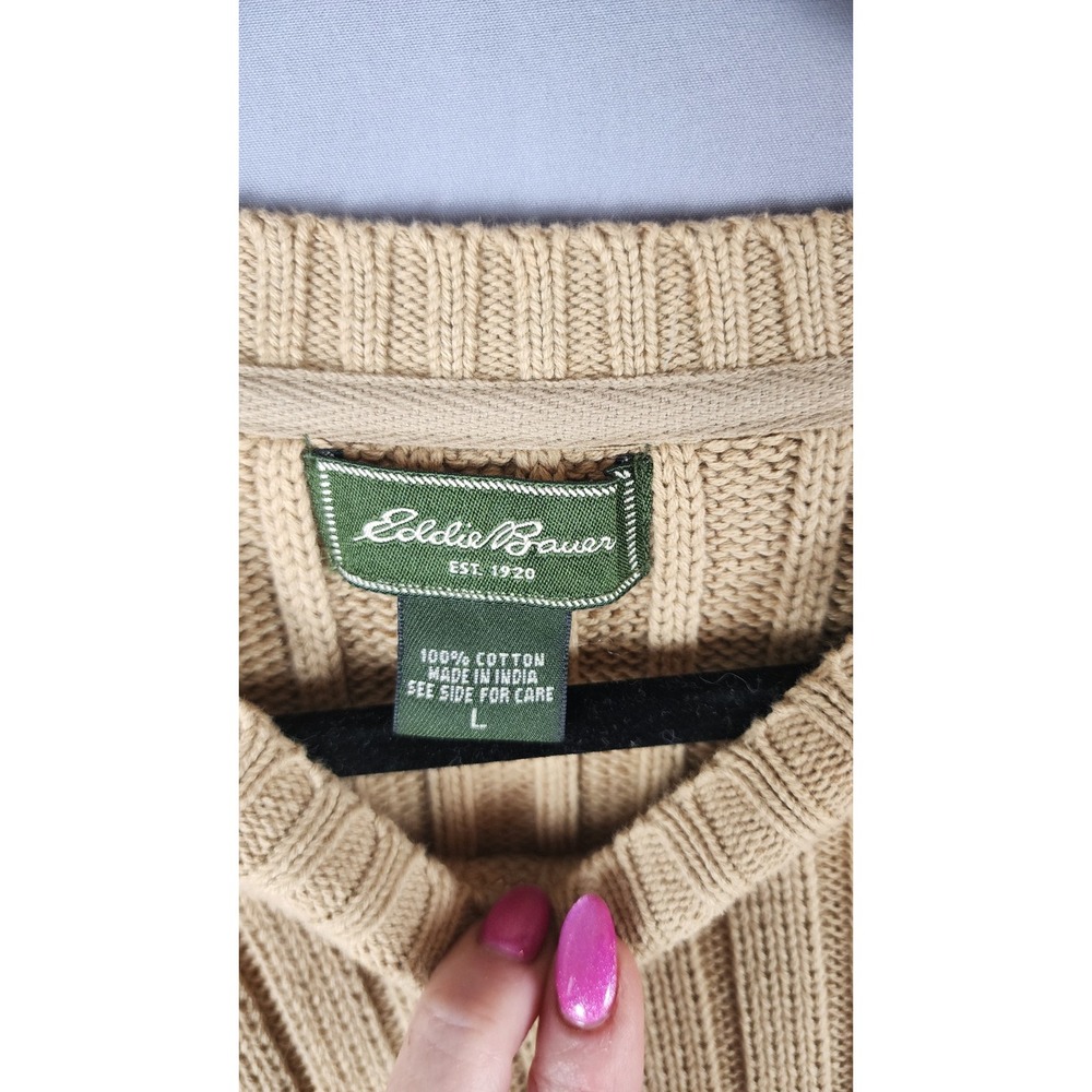 Eddie Bauer Men's Beige Rib-Knit Crewneck Pullover Cotton Sweater L - Picture 3 of 4
